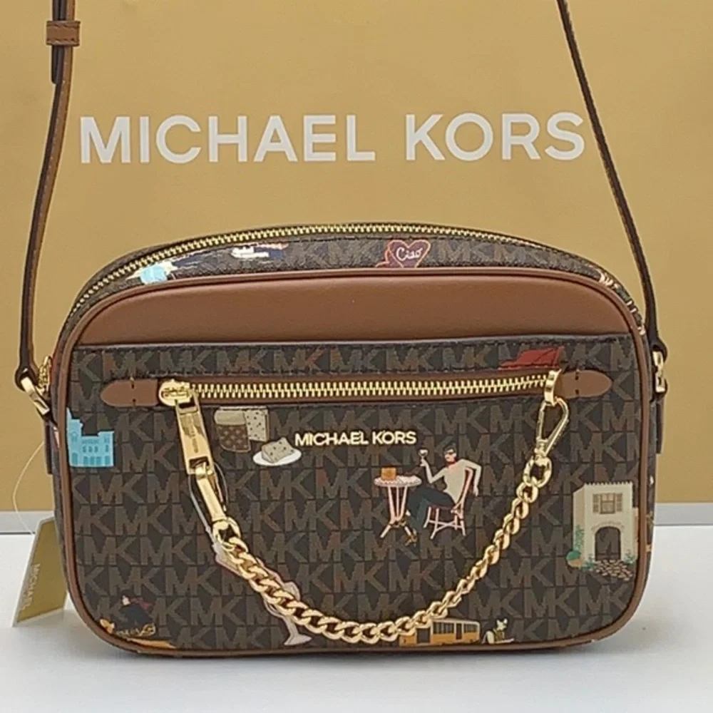 MICHAEL KORS JET SET GIRLS LARGE EAST WEST ZIP PACKED CHAIN XBODY BROWN …